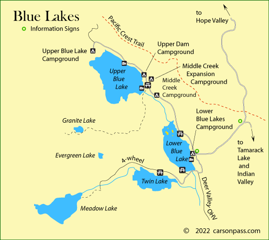 map of Blue Lakes area on Carson Pass, CA