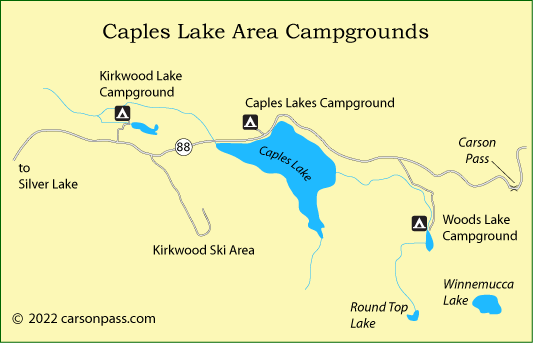 map of Caples Lake area campgrounds on Carson Pass, CA