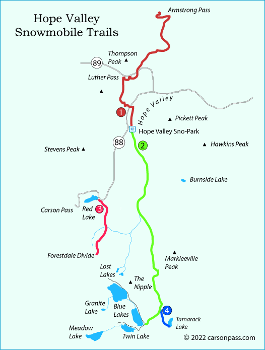 map of Hope Valley snowmobiling trails near Carson Pass, CA