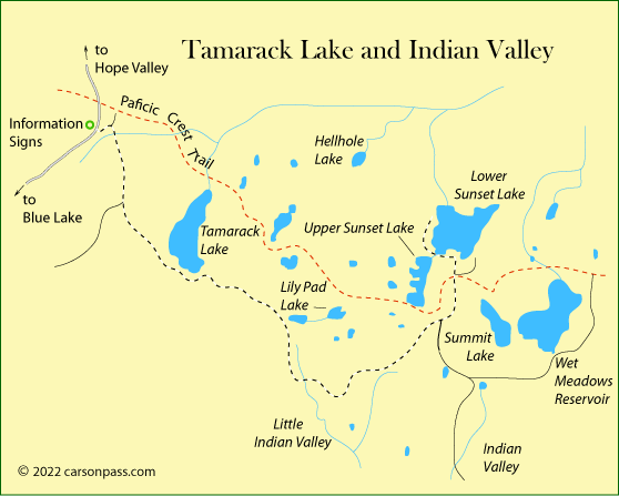 map of Tamarack Lake and Indian Valley area on Carson Pass, CA