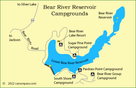 map of Bear River Reservoir area campgrounds on Carson Pass, CA