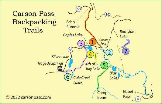 map of backpacking trails on Carson Pass, CA