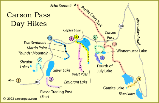 map of day hiking trails on Carson Pass, CA